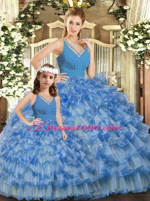 Extravagant Blue V-neck Neckline Ruffled Layers and Ruching Quince Ball Gowns Sleeveless Backless