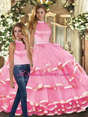 Pink Ball Gowns Organza Halter Top Sleeveless Ruffled Layers Floor Length Backless Vestidos de Quinceanera