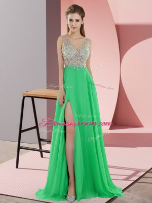 Sumptuous Green Prom Dress V-neck Sleeveless Sweep Train Zipper