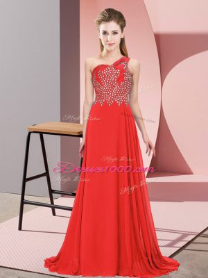 Floor Length Orange Red Prom Party Dress One Shoulder Sleeveless Side Zipper