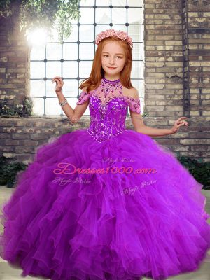 Perfect Ball Gowns Child Pageant Dress Purple Straps Tulle Sleeveless Floor Length Lace Up