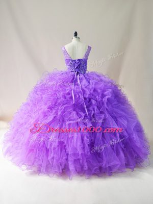 Beading and Ruffles Vestidos de Quinceanera Purple Lace Up Sleeveless Floor Length