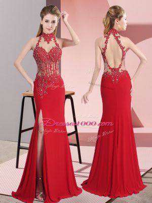 Floor Length Backless Homecoming Dress Red for Prom and Party and Military Ball with Lace and Appliques