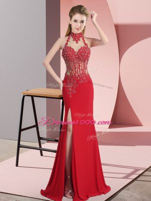 Floor Length Backless Homecoming Dress Red for Prom and Party and Military Ball with Lace and Appliques