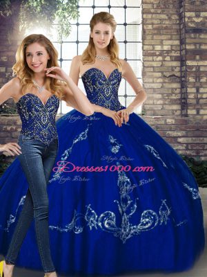 Popular Royal Blue Two Pieces Tulle Sweetheart Sleeveless Beading and Embroidery Floor Length Lace Up Quinceanera Gown