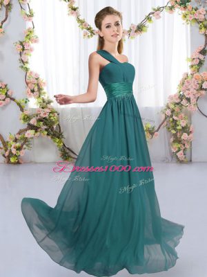 Flirting Sleeveless Chiffon Floor Length Lace Up Quinceanera Dama Dress in Peacock Green with Ruching