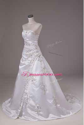 White Wedding Dresses Wedding Party with Beading Strapless Sleeveless Brush Train Lace Up