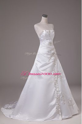 White Wedding Dresses Wedding Party with Beading Strapless Sleeveless Brush Train Lace Up