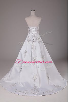 White Wedding Dresses Wedding Party with Beading Strapless Sleeveless Brush Train Lace Up