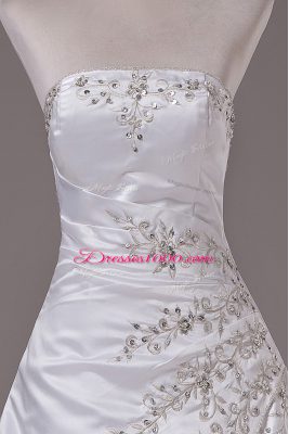 White Wedding Dresses Wedding Party with Beading Strapless Sleeveless Brush Train Lace Up