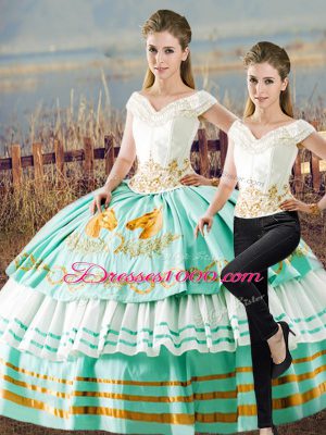 Dynamic Apple Green Quinceanera Dresses Sweet 16 and Quinceanera with Embroidery and Ruffled Layers V-neck Sleeveless Lace Up