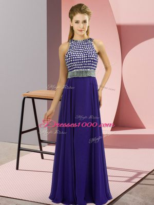 Dazzling Scoop Sleeveless Prom Party Dress Floor Length Beading Purple Chiffon