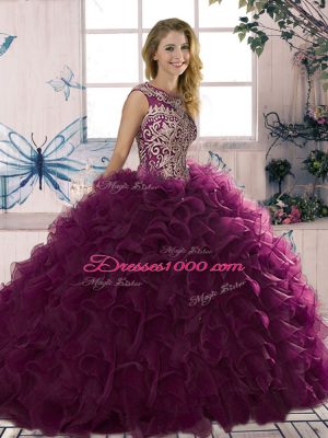 Floor Length Dark Purple Quinceanera Dresses Organza Sleeveless Beading and Ruffles