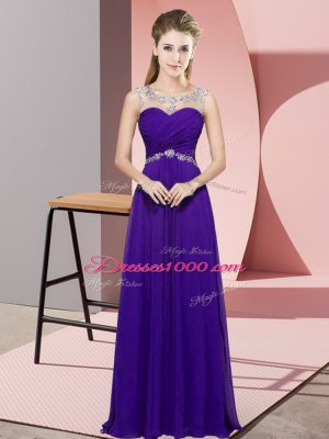 Low Price Purple Empire Chiffon Scoop Sleeveless Beading Floor Length Backless Prom Gown