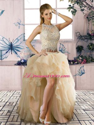 Fashionable Sleeveless Tulle High Low Clasp Handle Evening Gowns in Champagne with Beading and Ruffles