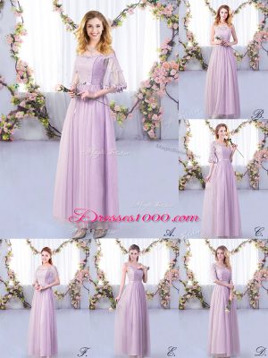 Lavender Empire Lace and Belt Wedding Guest Dresses Side Zipper Tulle Half Sleeves Floor Length