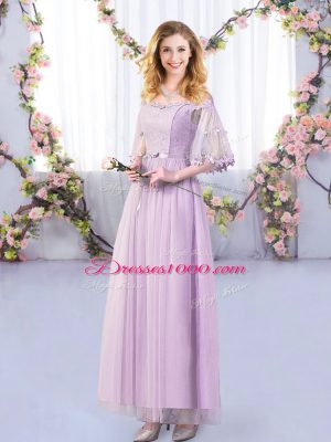 Lavender Empire Lace and Belt Wedding Guest Dresses Side Zipper Tulle Half Sleeves Floor Length