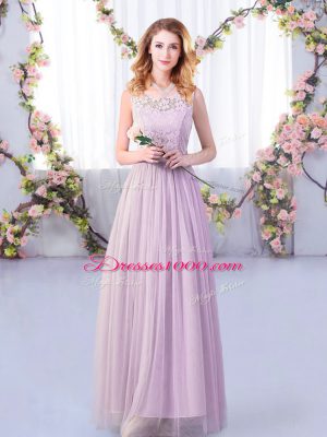 Lavender Empire Lace and Belt Wedding Guest Dresses Side Zipper Tulle Half Sleeves Floor Length