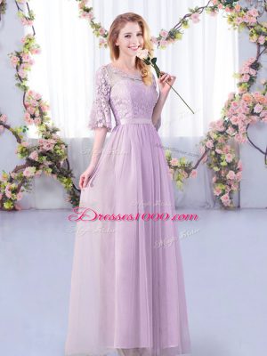 Lavender Empire Lace and Belt Wedding Guest Dresses Side Zipper Tulle Half Sleeves Floor Length