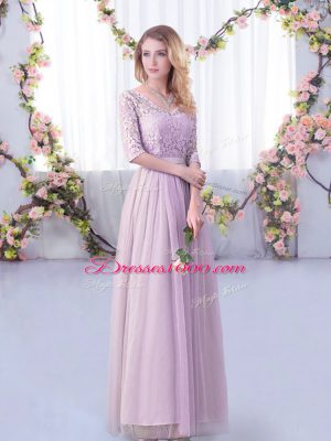 Lavender Empire Lace and Belt Wedding Guest Dresses Side Zipper Tulle Half Sleeves Floor Length