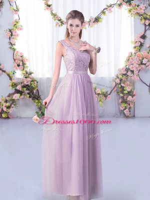 Lavender Empire Lace and Belt Wedding Guest Dresses Side Zipper Tulle Half Sleeves Floor Length