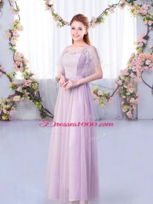 Lavender Empire Lace and Belt Wedding Guest Dresses Side Zipper Tulle Half Sleeves Floor Length