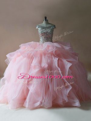 Popular Pink Ball Gowns Beading and Ruffles 15th Birthday Dress Lace Up Tulle Sleeveless