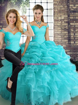 Sophisticated Aqua Blue Sleeveless Beading and Ruffles and Pick Ups Floor Length Ball Gown Prom Dress