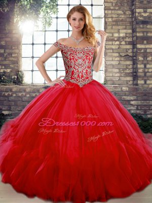 Floor Length Lace Up Ball Gown Prom Dress Red for Military Ball and Sweet 16 and Quinceanera with Beading and Ruffles