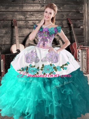 Charming Ball Gowns 15th Birthday Dress Turquoise Off The Shoulder Organza Sleeveless Floor Length Lace Up