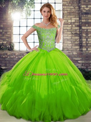 Stunning Sleeveless Floor Length Beading and Ruffles Lace Up Quinceanera Gown with