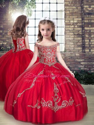 Admirable Red Ball Gowns Tulle Straps Sleeveless Beading Floor Length Lace Up Little Girl Pageant Dress