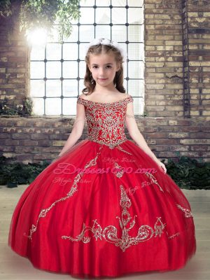 Admirable Red Ball Gowns Tulle Straps Sleeveless Beading Floor Length Lace Up Little Girl Pageant Dress