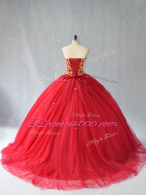 Sleeveless Tulle Brush Train Lace Up Sweet 16 Dresses in Red with Beading