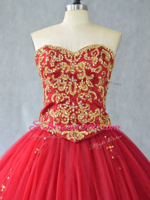 Sleeveless Tulle Brush Train Lace Up Sweet 16 Dresses in Red with Beading