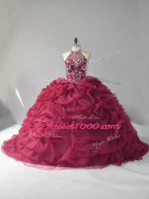 Burgundy Organza Lace Up Quinceanera Gown Sleeveless Court Train Beading and Pick Ups