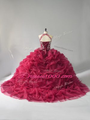 Burgundy Organza Lace Up Quinceanera Gown Sleeveless Court Train Beading and Pick Ups