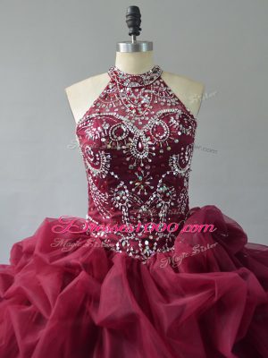 Burgundy Organza Lace Up Quinceanera Gown Sleeveless Court Train Beading and Pick Ups