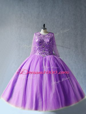 Luxury Long Sleeves Tulle Floor Length Lace Up 15 Quinceanera Dress in Lavender with Beading