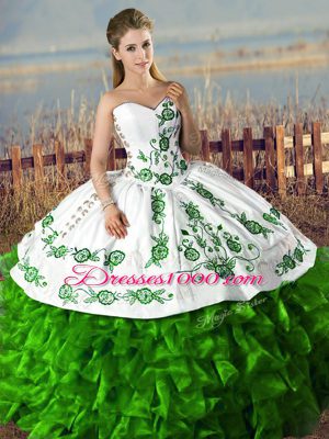 Artistic Green Ball Gowns Embroidery and Ruffles Sweet 16 Dresses Lace Up Organza Sleeveless Floor Length