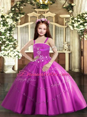 Popular Lilac Taffeta and Tulle Lace Up Straps Sleeveless Floor Length Party Dress for Toddlers Beading