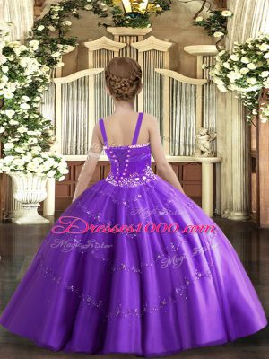 Popular Lilac Taffeta and Tulle Lace Up Straps Sleeveless Floor Length Party Dress for Toddlers Beading