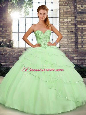 Yellow Green Ball Gowns Beading and Ruffled Layers Quinceanera Dresses Lace Up Tulle Sleeveless