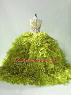 Flirting Olive Green Ball Gown Prom Dress Organza Brush Train Sleeveless Beading and Ruffles