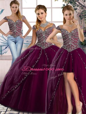 Purple Ball Gown Prom Dress Tulle Brush Train Cap Sleeves Beading