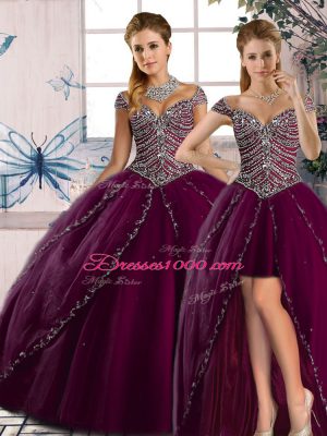 Purple Ball Gown Prom Dress Tulle Brush Train Cap Sleeves Beading