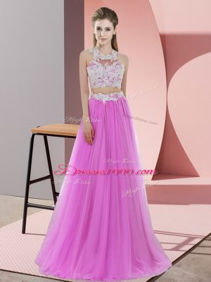 Graceful Halter Top Sleeveless Zipper Bridesmaids Dress Lilac Tulle