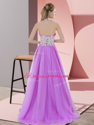 Graceful Halter Top Sleeveless Zipper Bridesmaids Dress Lilac Tulle