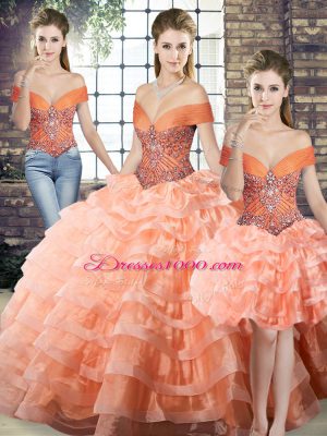 Peach Three Pieces Beading and Ruffled Layers Quinceanera Gowns Lace Up Organza Sleeveless