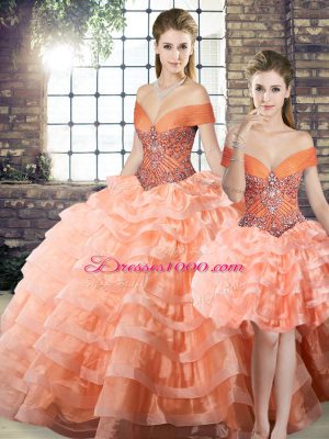 Peach Three Pieces Beading and Ruffled Layers Quinceanera Gowns Lace Up Organza Sleeveless